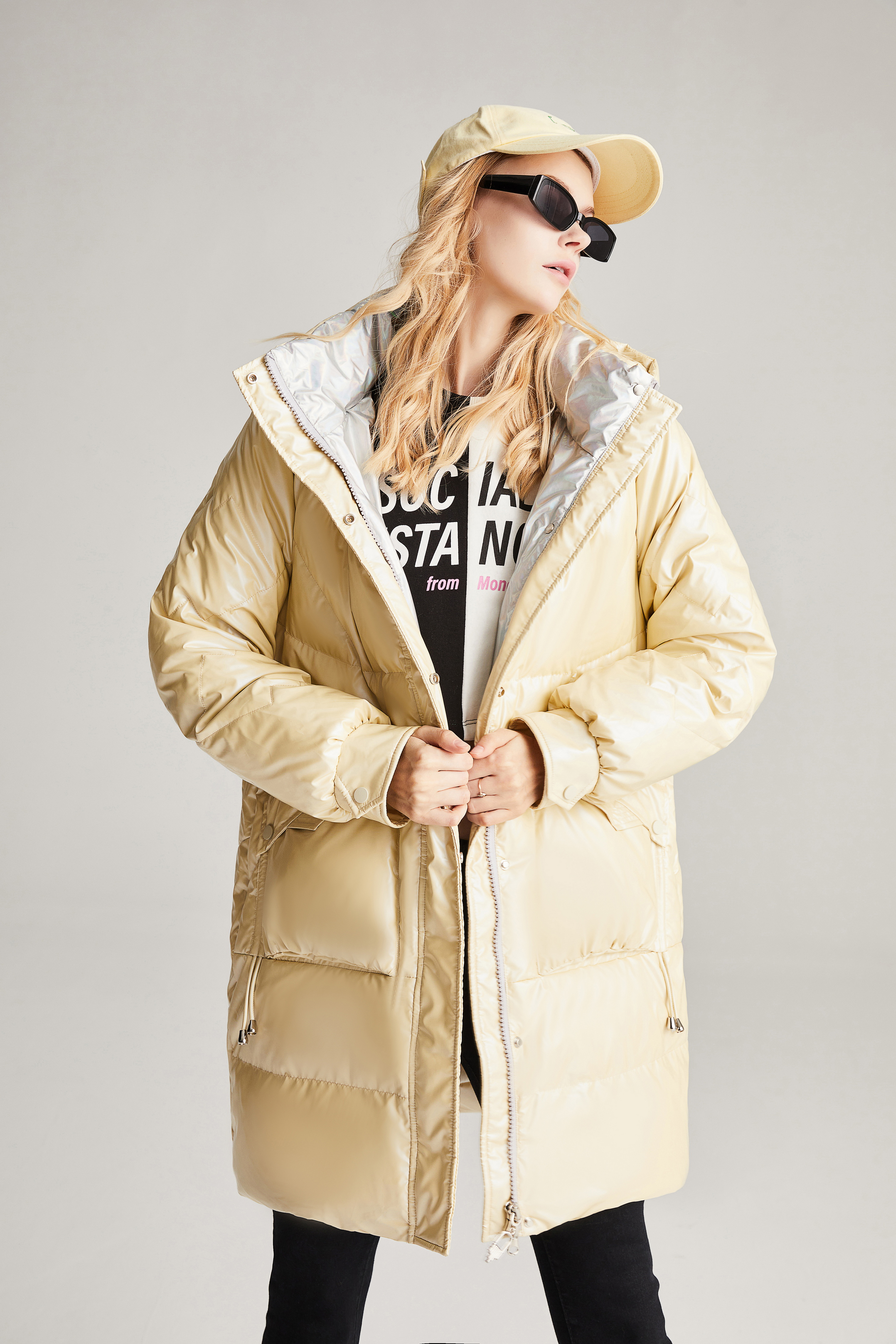 Ladies Long thickened and fleece white duck down jacket