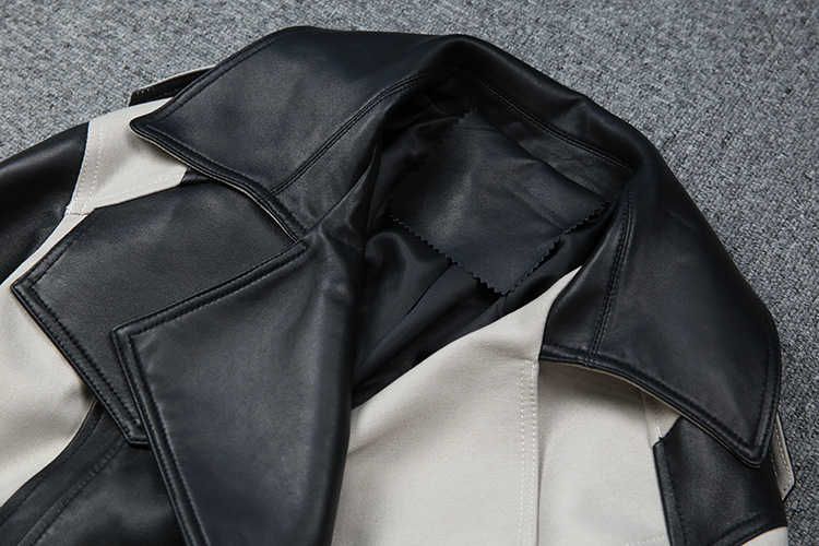 Splicing Long Casual Waist Wind Leather Coat