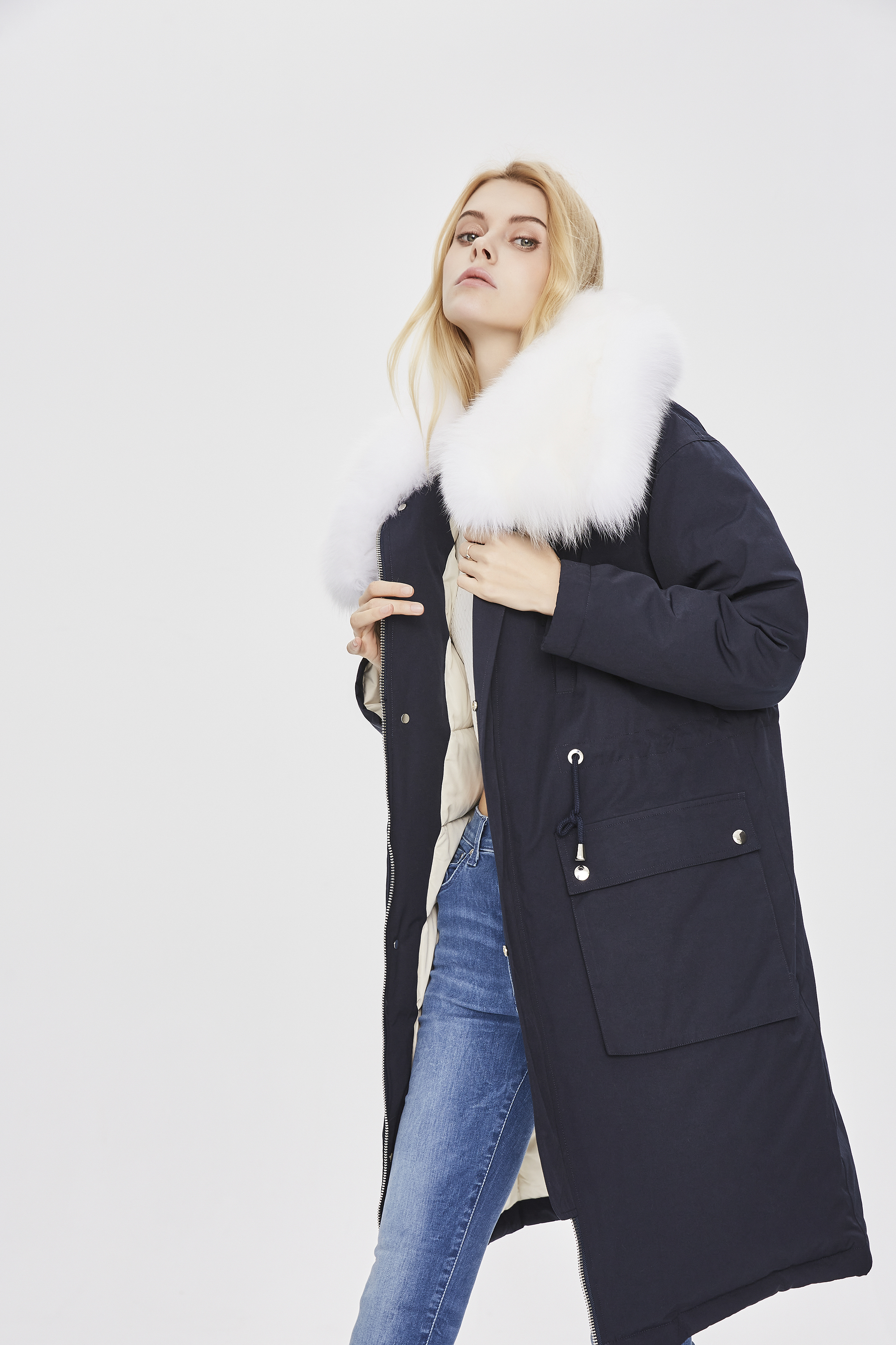 Long Style Down Coat with Detachable Fur Collar